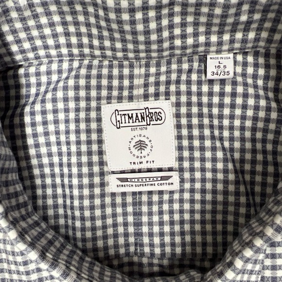 Gitman Bros Shirt Large Check Trim Fit Stretch Wingspan Allen Edmonds 16.5 - Picture 2 of 9